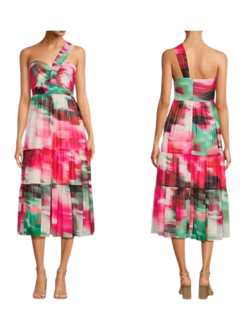 Belle Badgley Mischka Remi Georgette Print Strapless One-Sleeve Midi Dress Sz 10